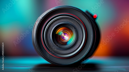 camera lens with a defocused colored background, highlighting the precision and beauty of the equipment