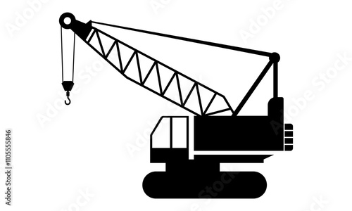 Truck crane icon. Black silhouette. Side view. Vector drawing. Isolated object on a white background. Isolate.