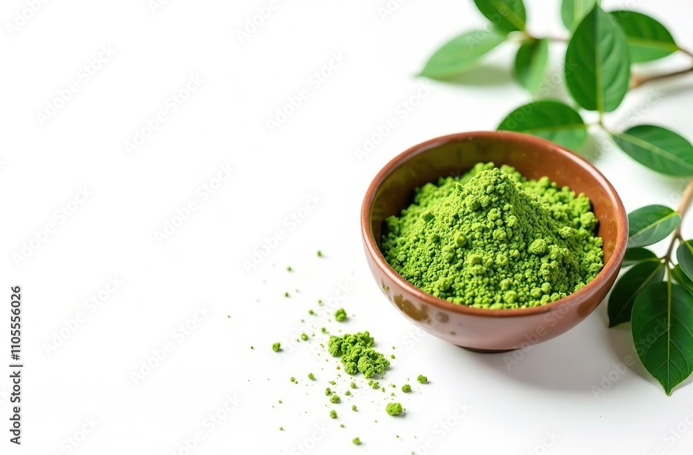 A white background with green leaves and a bowl of green powder. The bowl of matcha A copy space image featuring matcha powder and tea ceremony tools arranged on a white background A white background with green leaves and a bowl of green powder. The bowl of matcha A copy space image featuring matcha powder and tea ceremony tools arranged on a white background