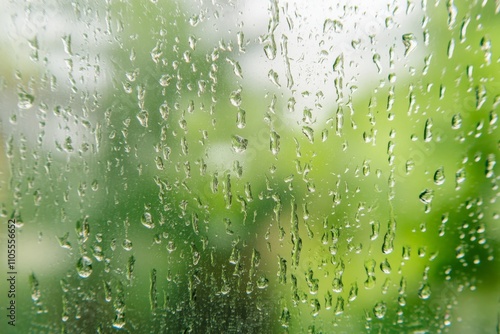 Raindrops on window with blurry green foliage in background.