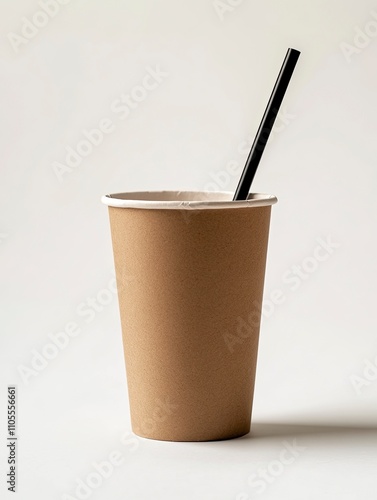 Empty brown paper cup, mug for cold drink with black straw. paper cup size 22oz. clean white background.