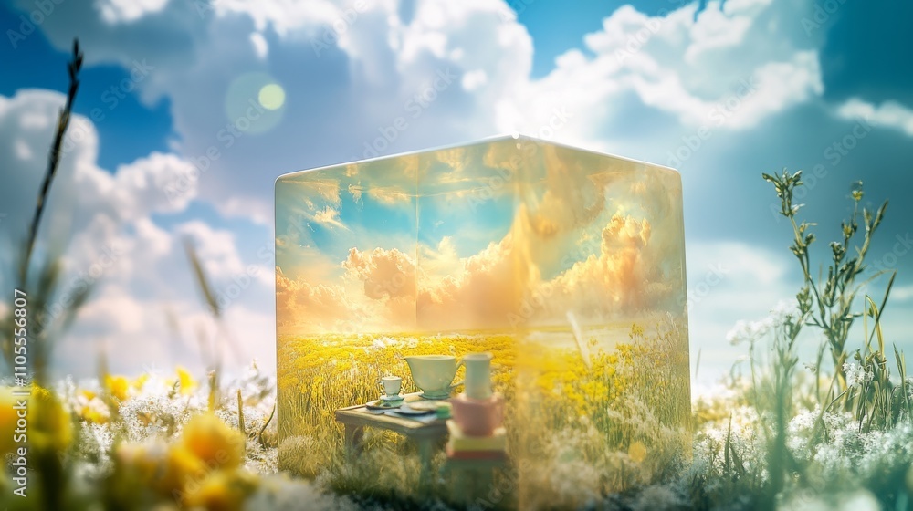 Pastel Yellow Resin Cube Showcasing a Serene Cloudy Sky Over a Flower Field, Capturing the Essence of Tranquility and Nature's Beauty in Artistic Form Pastel Yellow Resin Cube Showcasing a Serene Cloudy Sky Over a Flower Field, Capturing the Essence of Tranquility and Nature's Beauty in Artistic Form