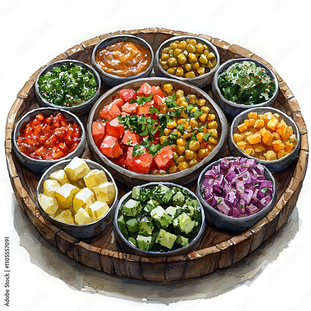 A watercolor illustration of a circular wooden tray filled with various colorful bowls of diced vegetables and sauces. A watercolor illustration of a circular wooden tray filled with various colorful bowls of diced vegetables and sauces.