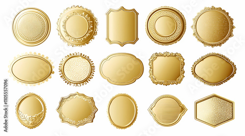 Set of golden, round, and oval-shaped labels, awards, or medal patches with space for text, isolated on a white background.