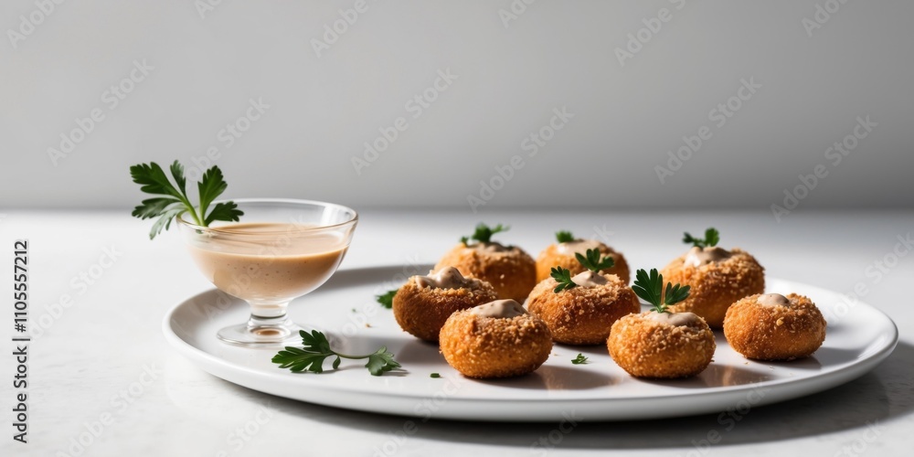 Crispy breaded mushrooms with creamy dipping sauce garnished with fresh herbs for gourmet appetizers. Crispy breaded mushrooms with creamy dipping sauce garnished with fresh herbs for gourmet appetizers.