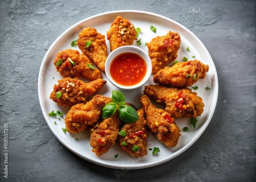 Minimalist Photography of Fried Spicy Chicken Wings on a Simple White Plate with Dipping Sauce, Highlighting Textures and Colors in a Clean and Modern Presentation