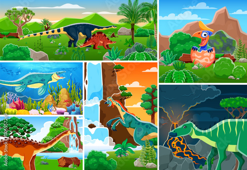 Cartoon dinosaurs characters collage on prehistoric jungle forest and ocean nature landscape vector background. Funny oviraptor, wuerhosaurus, shantungosaurus dinosaurs and baby dino in egg personages