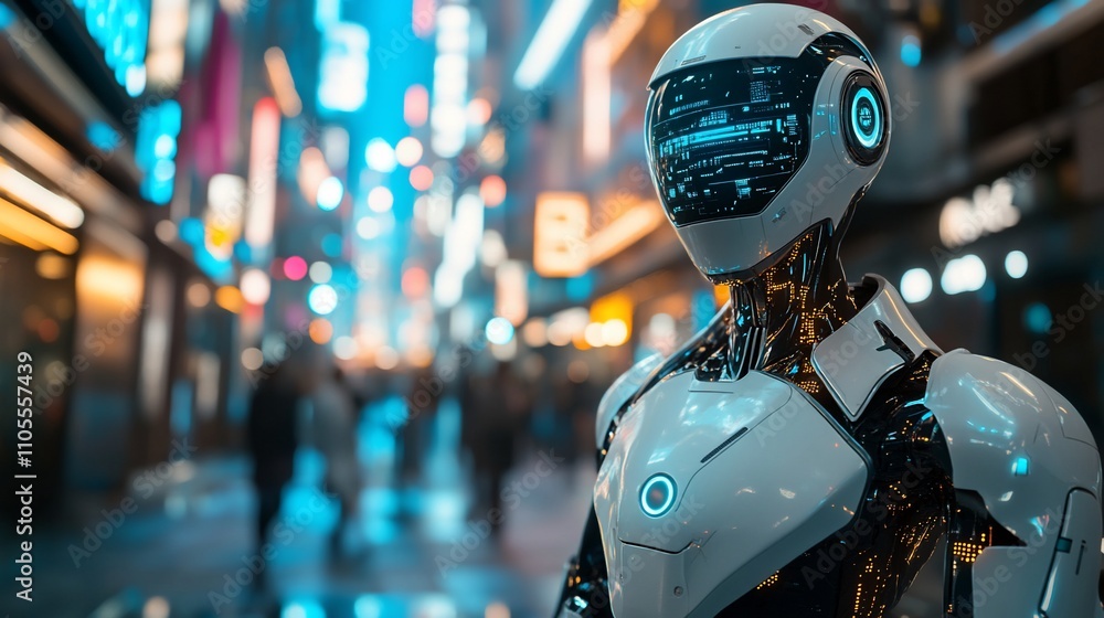 Futuristic robot in a vibrant city at night. Futuristic robot in a vibrant city at night.