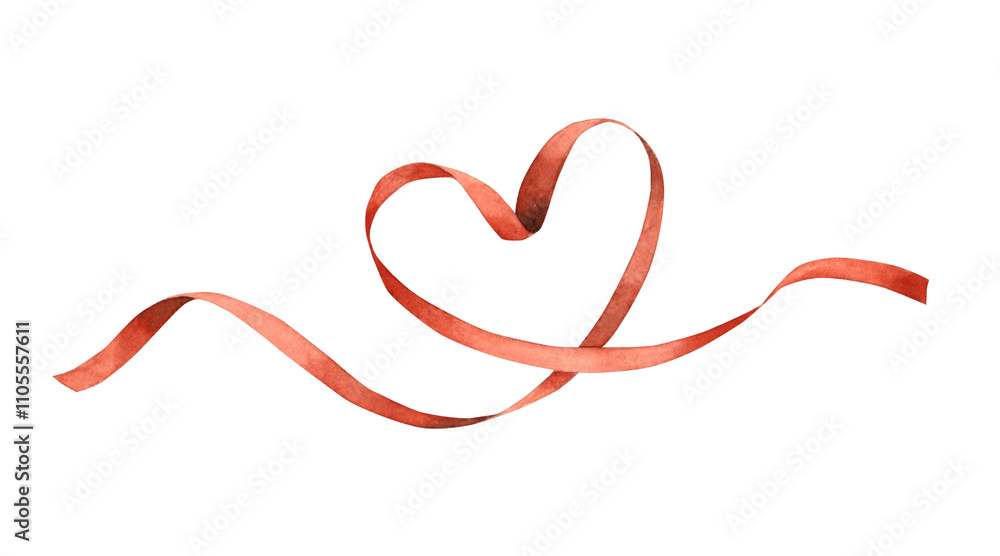 Fototapeta premium Red satin silk ribbon arranged in the shape of a heart. Watercolor illustration hand-drawn on an isolated background. Suitable for design Birthday, wedding, Valentine's Day, invitations, cards