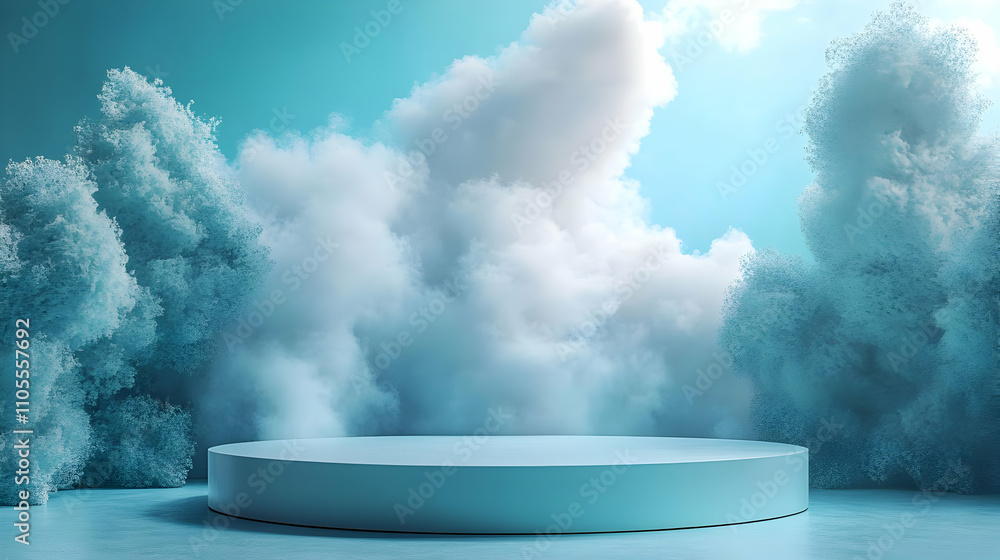 Serene Sky: Clouds, Trees, and a Platform in a Dreamlike Setting Serene Sky: Clouds, Trees, and a Platform in a Dreamlike Setting