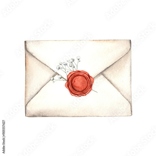 White envelope with red embossed seal and white gypsophila flower. Watercolor illustration in vintage style, for design of cards, invitations for birthday, wedding, Valentine's Day, anniversaries