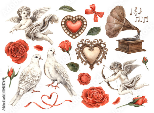Cherubs angels, red roses, gramophone and notes, openwork hearts and ribbon. Watercolor set of illustrations drawn in vintage style, for design Birthday, wedding, Valentine's Day, invitations, cards