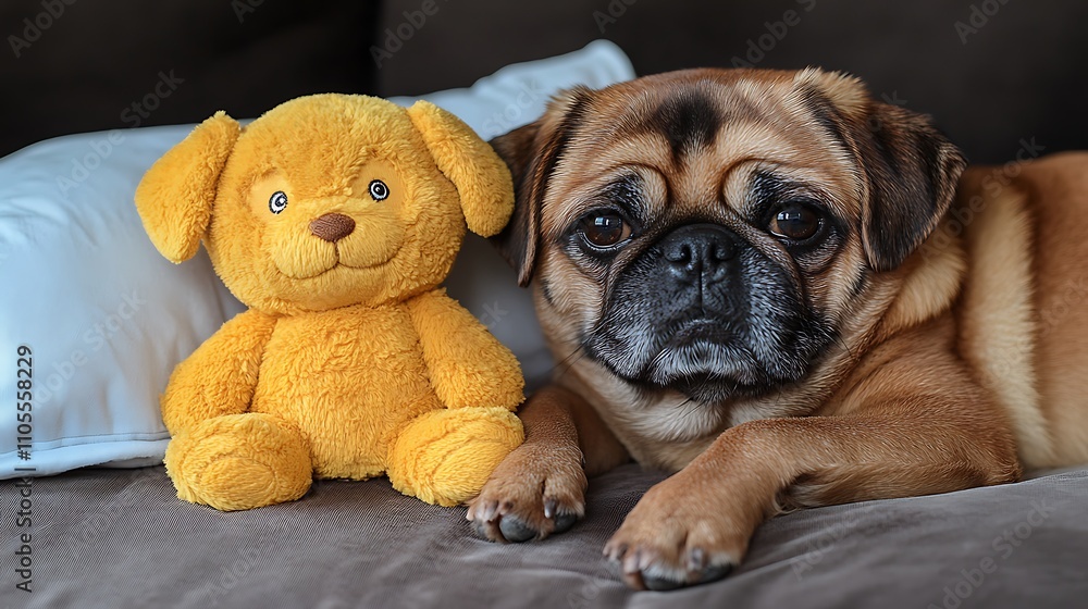 Adorable pug dog resting with plush toy. Adorable pug dog resting with plush toy.