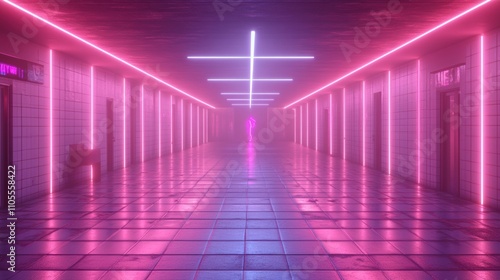 Mysterious Neon-Lit Corridor with a Lone Figure Approaching a Bright Cross, Futuristic Pink Aesthetic, Sci-Fi Atmosphere 