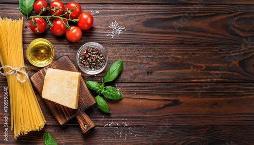 Tasty appetizing italian spaghetti pasta ingredients for kitchen cuisine with tomato, cheese parmesan, olive oil, fettuccine and basil on wooden brown table photo