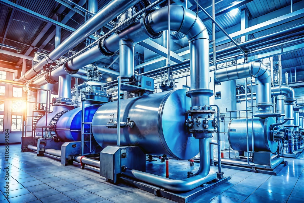 Modern Industrial Gas Boiler Room with Heating Process, Featuring a Line of Blue-Toned Boilers, Pipelines, and Valves for Efficient Energy Management in 2020 Modern Industrial Gas Boiler Room with Heating Process, Featuring a Line of Blue-Toned Boilers, Pipelines, and Valves for Efficient Energy Management in 2020