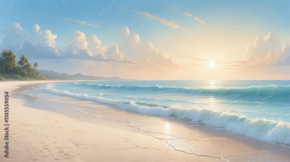 Serene sunset over a tropical beach with gentle waves and palm trees. Serene sunset over a tropical beach with gentle waves and palm trees.