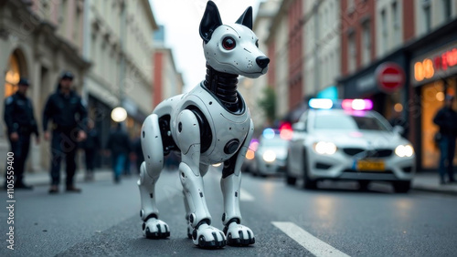 A police robot dog stands on a city street against the background of police cars and policemen photo