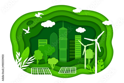 Paper cut eco city, environment, ecology and green energy vector concept. Eco friendly city buildings with green trees, wind turbines and solar panels in 3d paper cut frame with wavy layered borders