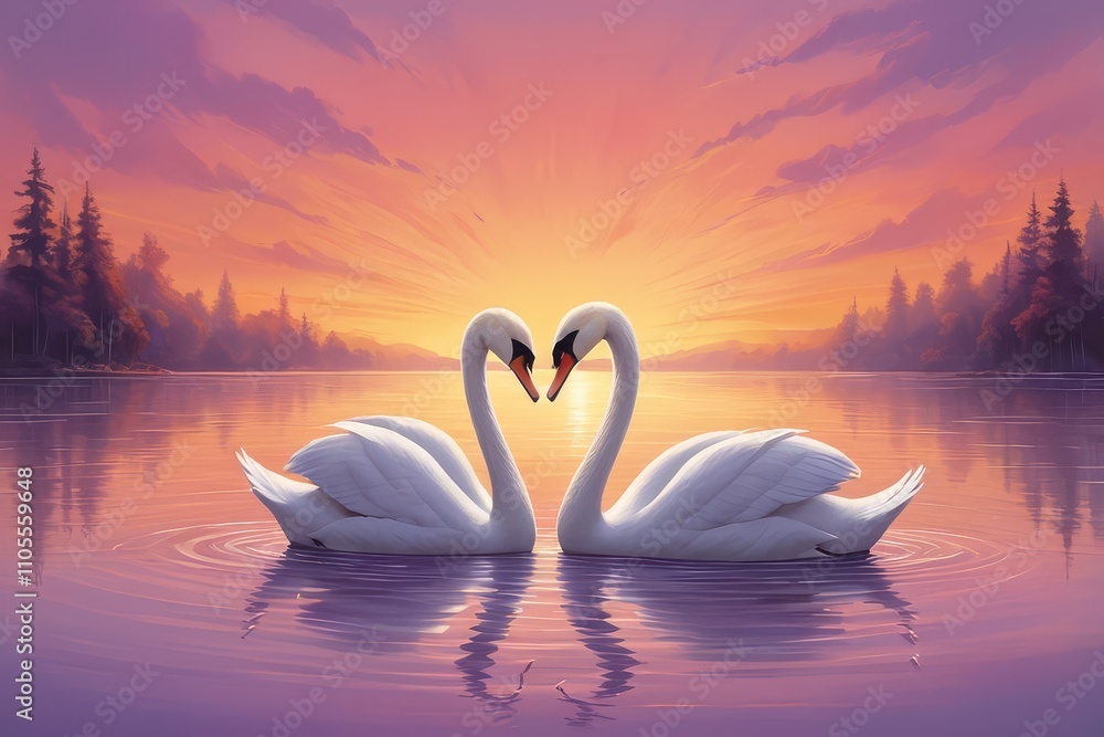 Fototapeta premium Two swans forming a heart shape on a lake at sunset.