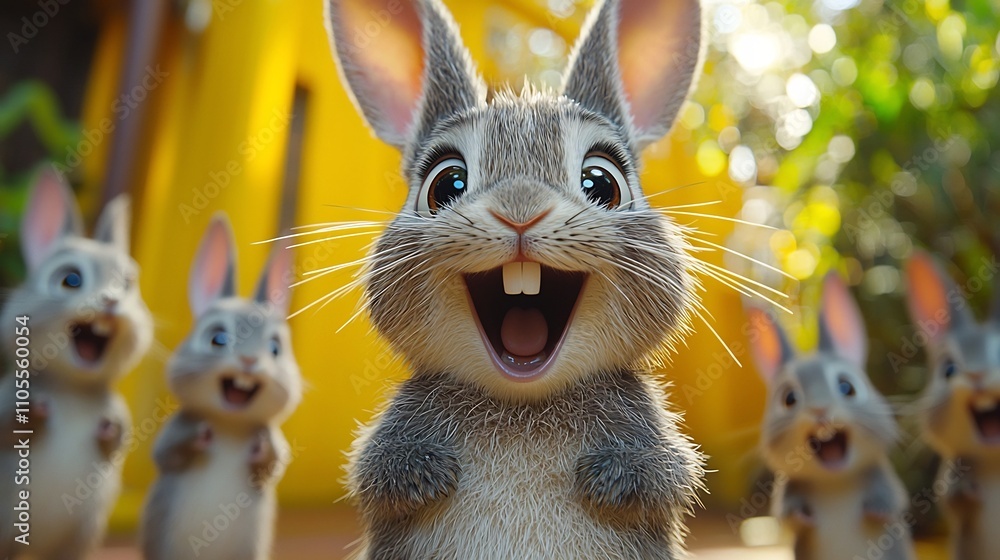 Fototapeta premium Joyful Cartoon Rabbit with Exaggerated Expression Against Vibrant Yellow Background