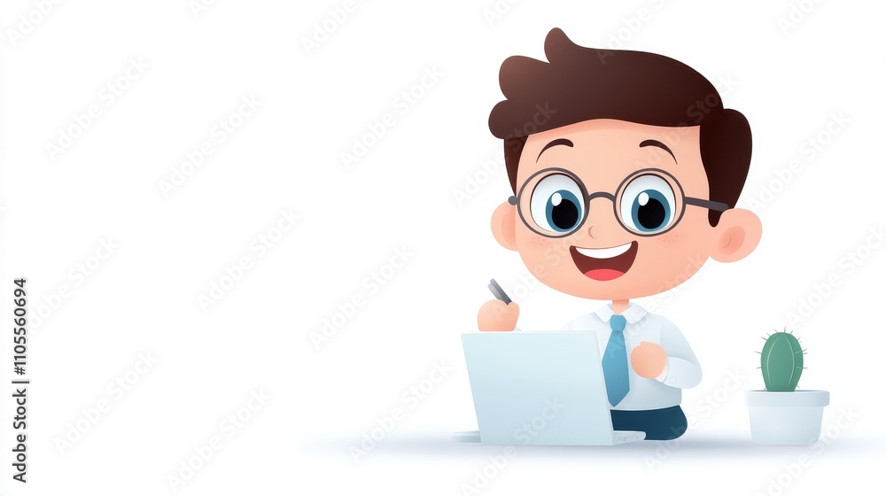 Cartoon Character Employee Engaged in Creative Activities at Desk Cartoon Character Employee Engaged in Creative Activities at Desk