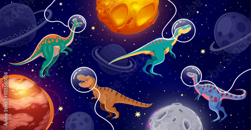 Dinosaur astronauts in space vector background with cartoon prehistoric dino animals characters, universe galaxy planets and stars. Funny tyrannosaurus, lambeosaurus, alectrosaurus in spaceman helmets