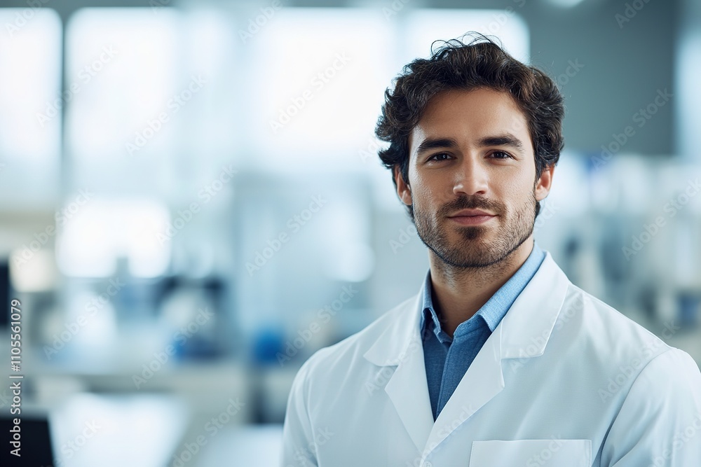 Confident male scientist in lab coat at modern facility Confident male scientist in lab coat at modern facility