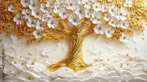 Golden tree with white flowers. Decorative mural wallpaper design. Floral 3D wall art. Elegant, luxurious decor. Beautiful scene. Delicate white petals, gold tree trunk. Beautiful artistic image for