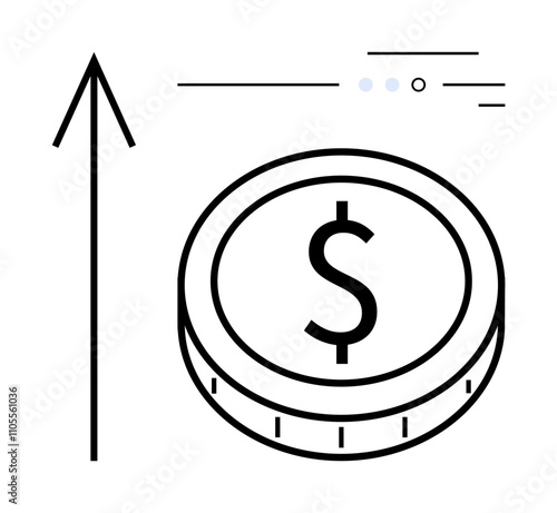 Arrow pointing upward next to a dollar coin symbolizing financial growth. Ideal for business success, economic development, financial investment, profit increase, economic stability, growth