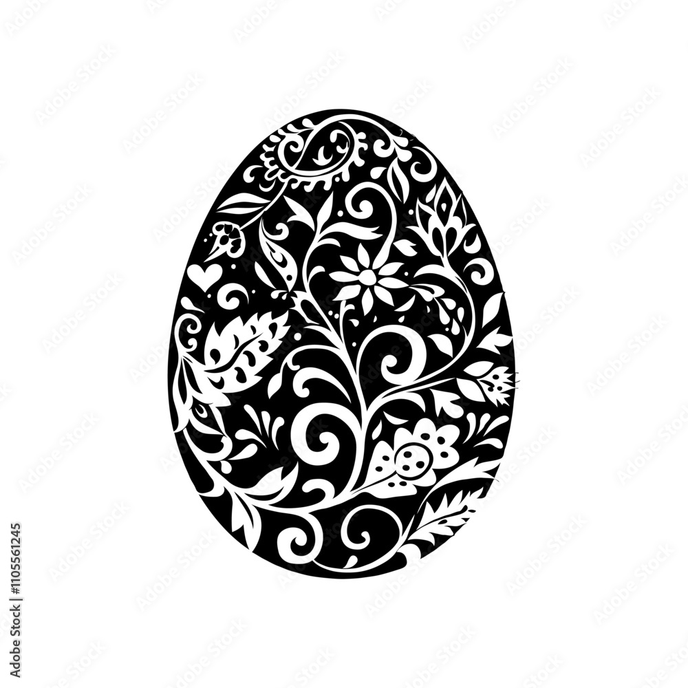 Ornate Black and White Easter Egg Design with Floral Patterns and Leaves, symbolizing spring and creativity Ornate Black and White Easter Egg Design with Floral Patterns and Leaves, symbolizing spring and creativity