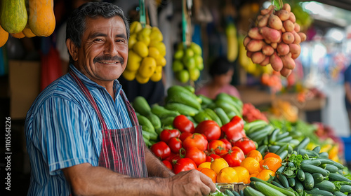 Latin American street vendor cheerfully selling fresh fruits and vegetables at a bustling market stall during the sunny day. Generative AI