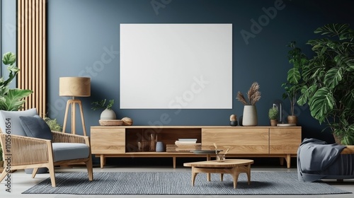 Modern living room interior with wooden furniture, large blank canvas, blue wall, plants, chair, and minimalist decor