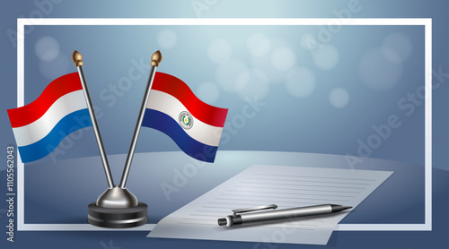 Netherlands and Paraguay Small national flag on bokeh background, cooperative relationship
