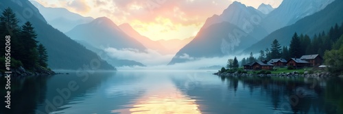 Alpine lake panorama at dawn. Calm water reflects misty mountains. Wooden houses line shoreline surrounded by forest. Sunrise paints sky in soft colors. Tranquil nature scene. Scenic landscape. Ideal