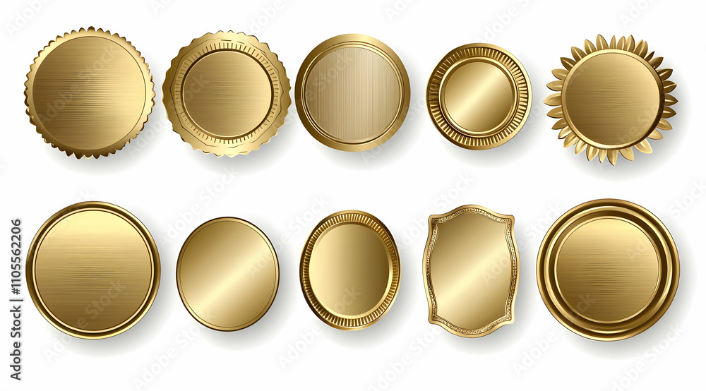 Set of golden, round, and oval-shaped labels, awards, or medal patches with space for text, isolated on a white background. Set of golden, round, and oval-shaped labels, awards, or medal patches with space for text, isolated on a white background.