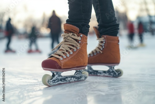 Skater gliding gracefully on ice rink during winter afternoon with friends nearby