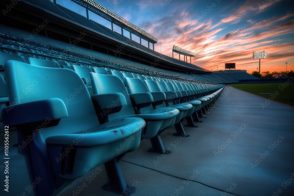 Fototapeta premium Empty stadium seats line up at sunset. Rows of teal plastic seats are in focus. A wide shot shows the entire stadium. Empty spaces invite a sense of quiet anticipation for an event.