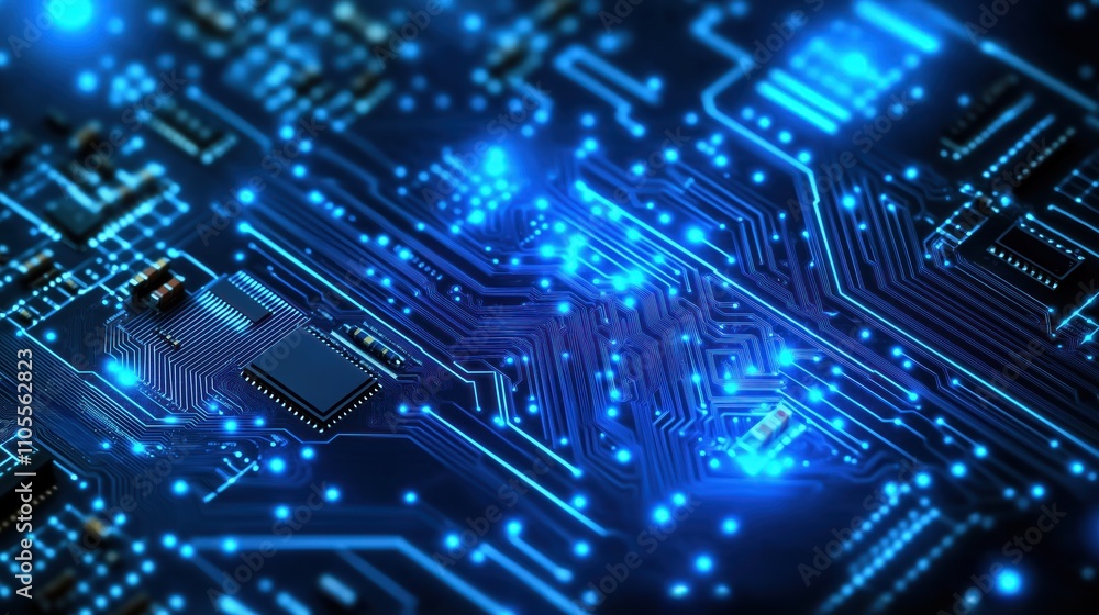 Abstract close-up view of electronic circuit board. Complex network of intricate paths, components. Blue glowing lines, dots illuminate board. High-tech digital graphic design. Modern tech Abstract close-up view of electronic circuit board. Complex network of intricate paths, components. Blue glowing lines, dots illuminate board. High-tech digital graphic design. Modern tech