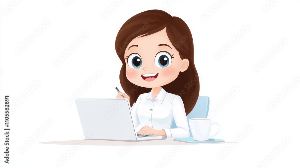 Cartoon Female Character Working at Desk with Laptop and Coffee Cartoon Female Character Working at Desk with Laptop and Coffee