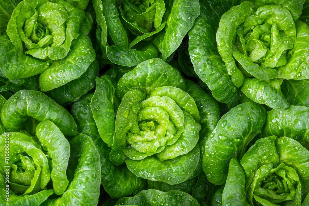 Fototapeta premium Dewy Green Lettuce Heads In Garden Row