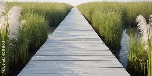 Serene Wooden Pathway Through a Lush Marsh Landscape. photo