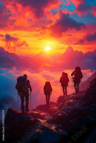 Sunset Hikers Mountaintop Illustration