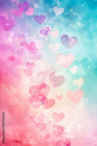Flying pink hearts on pastel colorful background, copy space