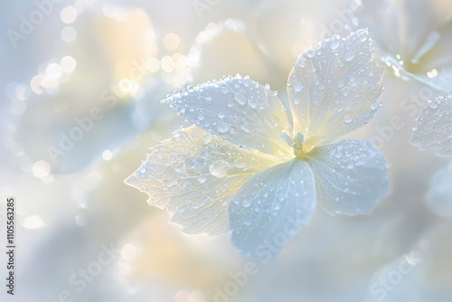 Dew Drops Adorn White Hydrangea Petals