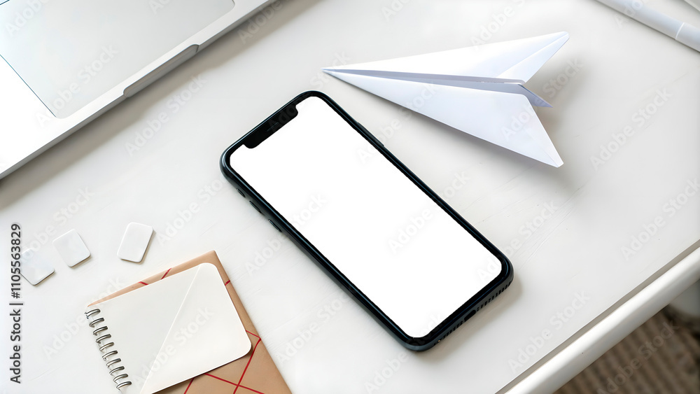 Smartphone on a white table next to which a laptop, notepad and a toy airplane with an isolated layer Smartphone on a white table next to which a laptop, notepad and a toy airplane with an isolated layer