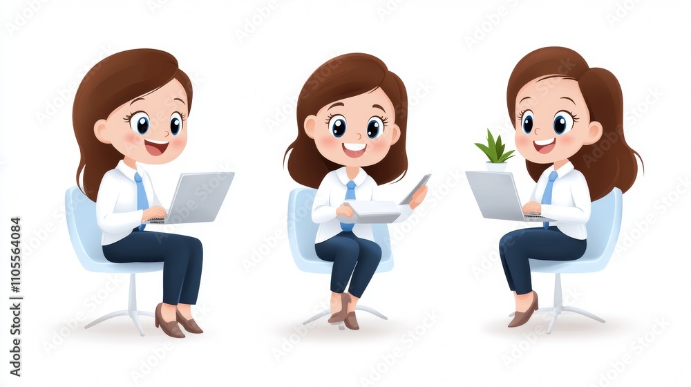 Cute Cartoon Female Character Engaging in Various Office Activities Cute Cartoon Female Character Engaging in Various Office Activities