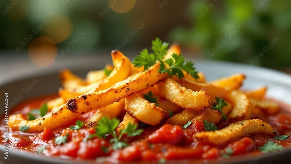 Crispy zucchini fries, roasted pepper & tomato sauce. A vibrant dish, beautifully blurred. Crispy zucchini fries, roasted pepper & tomato sauce. A vibrant dish, beautifully blurred.