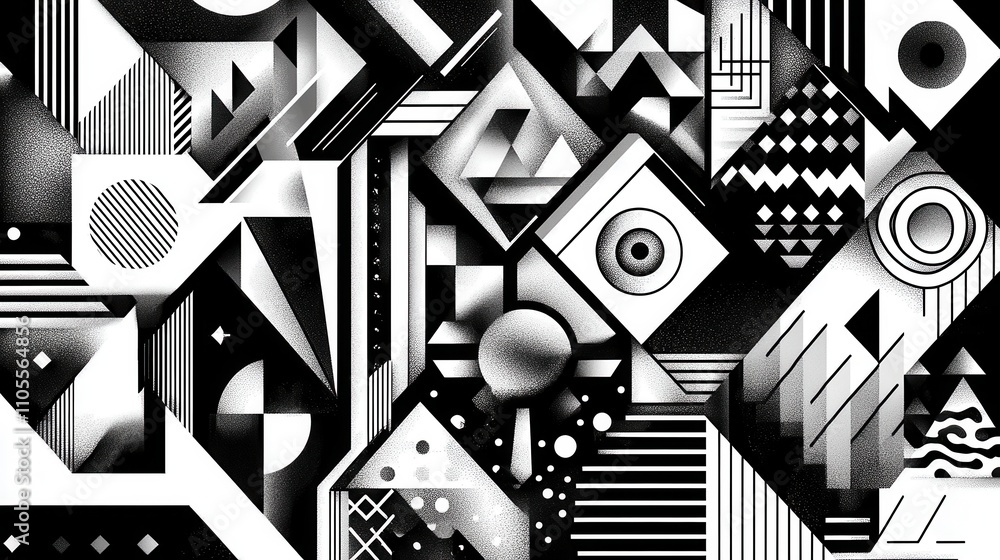 A vibrant composition displays a variety of geometric shapes and lines in black and white A vibrant composition displays a variety of geometric shapes and lines in black and white