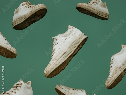 Used, dirty sneakers falling, forming a pattern arrangement against the emerald green background. Underconsumption, sustainability, frugality concept. photo